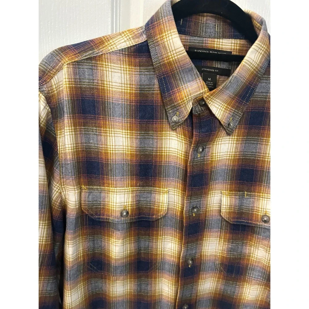 Banana Republic Flannel Shirt Yellow Navy Plaid Herringbone Cotton Button Down